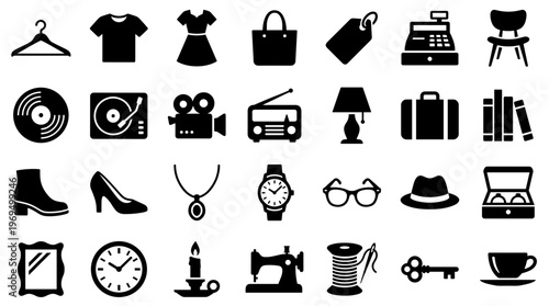 Collection of diverse icons representing everyday objects and items for lifestyle and commerce