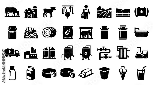 Dairy Farm Icons Collection Representing Livestock Production and Dairy Products