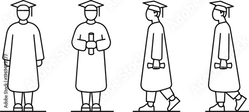 Graduates in academic cap and gown holding diplomas in various poses