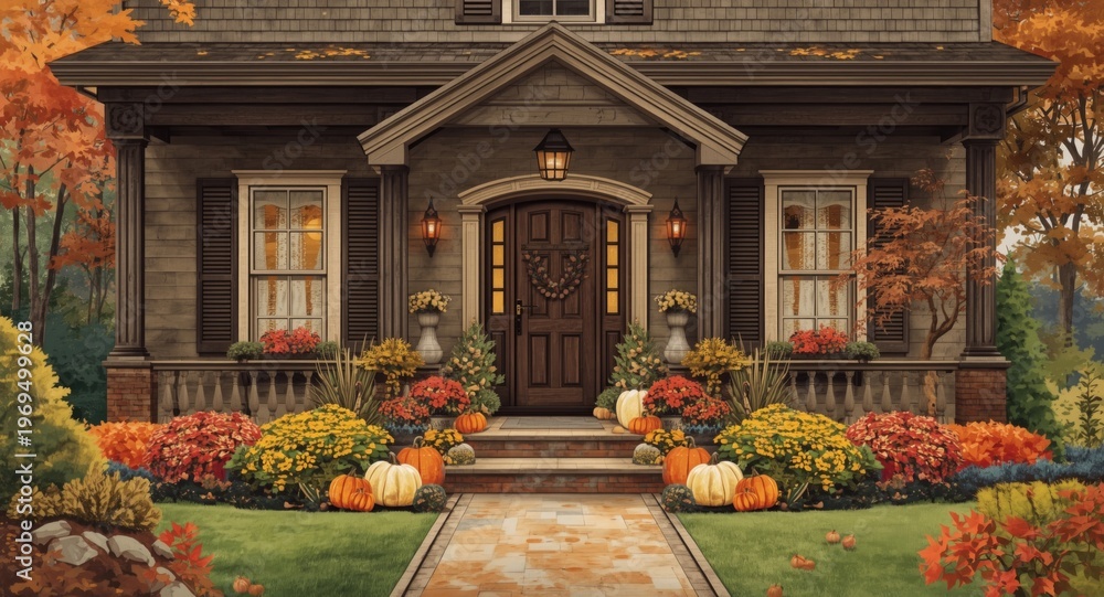 Obraz premium Illustrated autumn architecture in watercolor featuring a cozy house with pumpkins and decorative plants