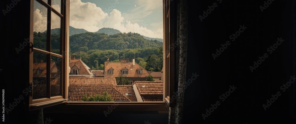Naklejka premium Warm summer day observed from an open window with rooftops and rich mountain vegetation