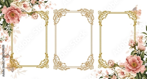 Victorian grunge frames showcasing assorted flowers in an elegant layout on a simple white background
