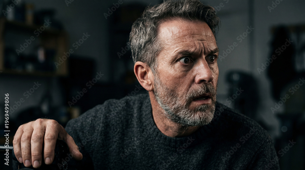 Fototapeta premium Haunted expression of a middle-aged man with a grey beard in a dimly lit, foreboding room at night