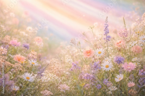 Charming summer background with delicate wildflowers and soft pastel stripes