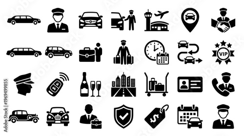 Chauffeur Service Icons Set Luxury Transport VIP Airport Car Ride Business Travel Logistics