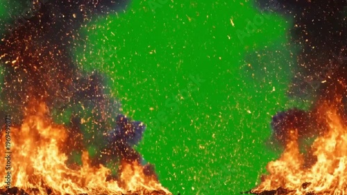 Realistic fire explosion with sparks and smoke on a solid green background for visual effects.
