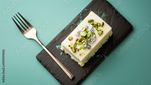 Creamy indian milk fudge bar topped with chopped pistachios and edible silver leaf served on a textured black slate board with a silver fork on a minimalist teal background