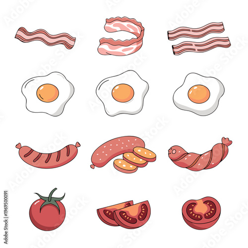 A colorful breakfast still life with eggs bacon and tomatoes