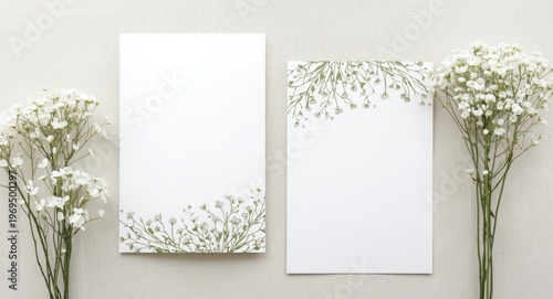 Stylish dry gypsophila floral elements decorate front and back of blank wedding invite with broad copy space