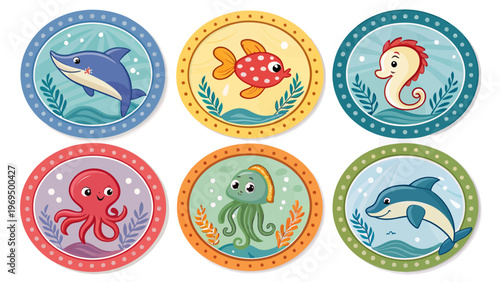 Colorful sea creature stickers featuring dolphins fish seahorses octopuses and more ocean animals in circular badges