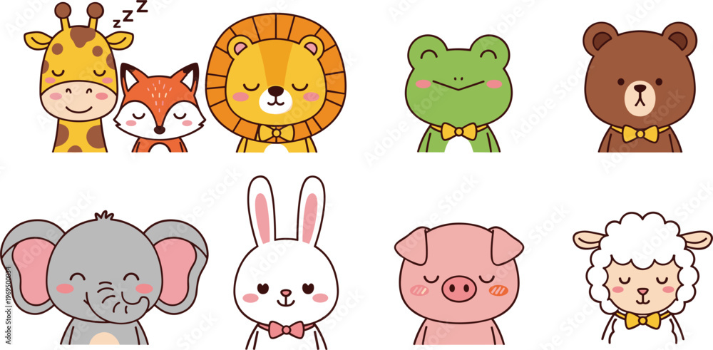 Obraz premium Cute Cartoon Animal Faces Collection with Giraffe Lion Frog Bear Elephant Pig Vector Illustration
