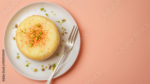 Top view of a delicious round semolina cake topped with crushed pistachios and saffron served on a minimalist white plate with a silver fork against a soft pink background