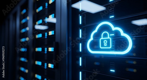 Close-up of a secure cloud storage icon with a padlock on a server rack in a dark data center with blue illuminated panels and a shallow depth of field.