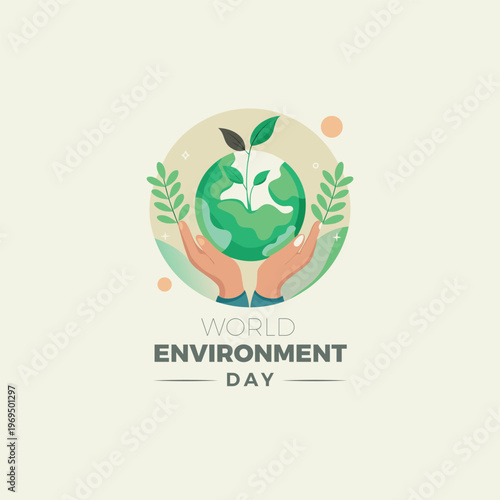 World environment day with a green globe and leaves