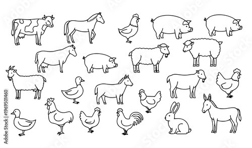 Farm animals line art bundle in creative scattered layout for agriculture and livestock illustration concepts