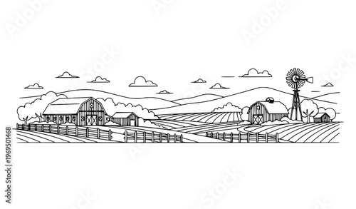 Continuous line rural landscape panorama with barn fields and windmill in minimalist outline style isolated on white