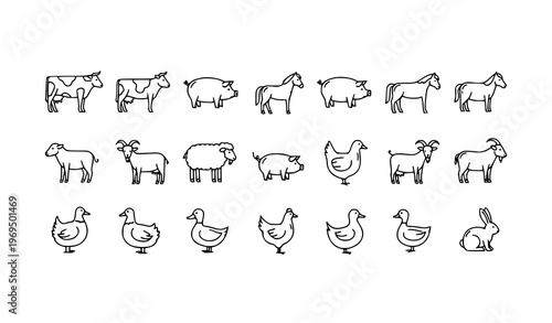 Farm animals line art icon set in horizontal layout with clean outline style for livestock and rural themes