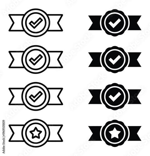 Collection of Ribbons and Seals with Checkmarks and Stars