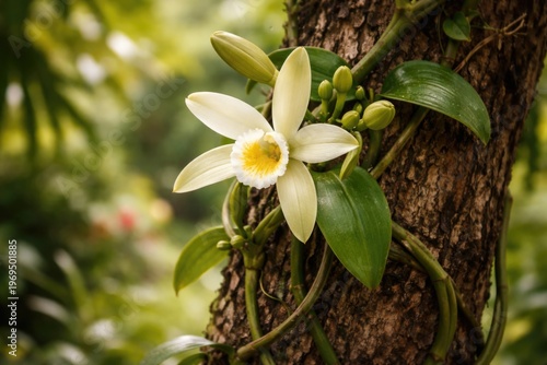 Close up of vanilla orchid climbing tree with blurred garden backdrop