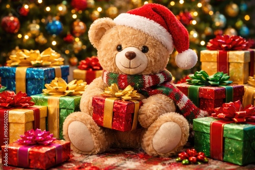 Cheerful Teddy Bear Surrounded by Colorful Christmas Presents in Festive Setting