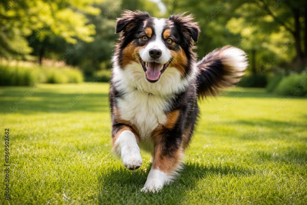 Fototapeta premium Happy Australian Shepherd pet playing on lush green grass lawn full length summer day
