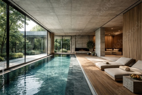 Modern minimalist interior with glass walls and indoor pool featuring concrete and timber finishes