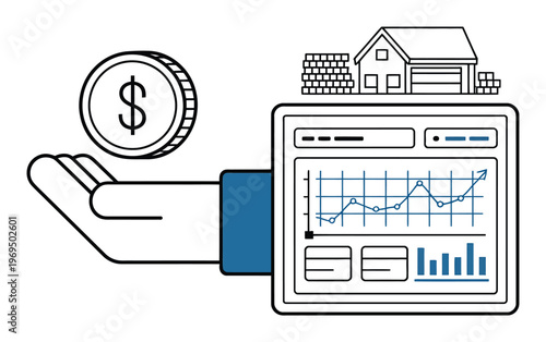 Hand holding dollar coin with house and financial graph on screen