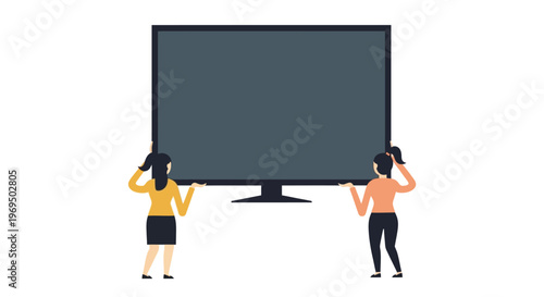 Two women standing in front of a giant blank television screen, female characters presenting or looking at a large computer monitor