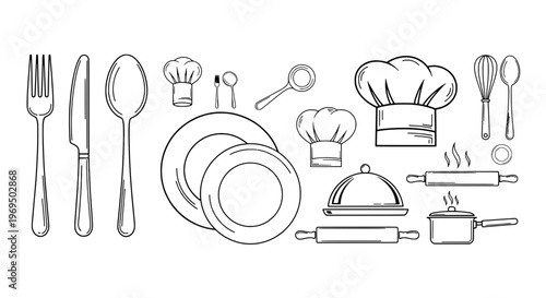 Kitchen utensils and dishware set with chef hats and cookware featuring cutlery, plates, pots with pans and cooking tools elements for culinary, food