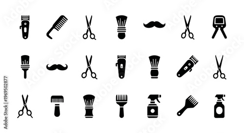 Collection of barbershop and grooming black silhouette icons including scissors clippers comb and mustache on white background