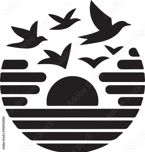 Black silhouette of birds flying out of a cage on white background