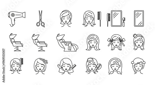 Female hair salon and styling thin line icon collection featuring women haircuts salon chairs mirrors and hairdressing tools