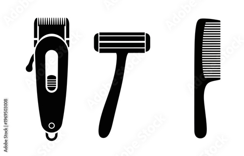 Grooming and shaving tools black silhouette icons showing hair clippers safety razor and comb for barbershop concept