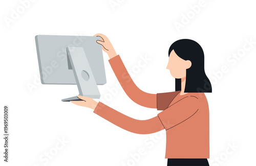 Young female office worker setting up or adjusting a computer monitor on her desk flat vector illustration concept of workspace ergonomics