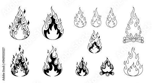 Flames vector set with black and white icons, including campfire and burning fire graphics, various styles and shapes