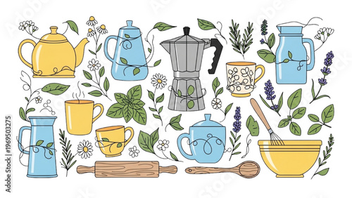 Colorful Kitchen Utensils and Herbal Tea Set Illustration, Hand Drawn Teapots Cups Coffee Maker and Cooking Tools Collection