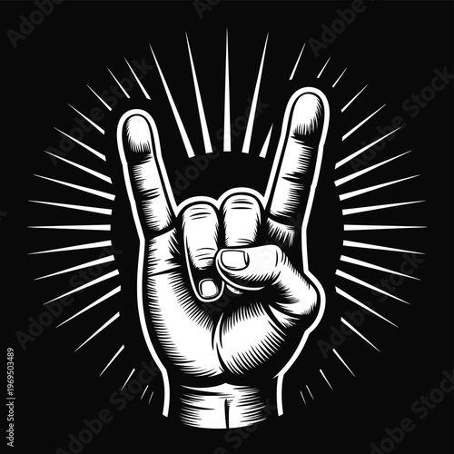 Rock On! Hand Gesture with Sunburst Effect on Black Background
