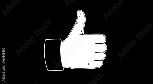 Hand giving thumbs up with white outline on black background featuring gesture, approval, like with okay and symbol elements for icon, illustration