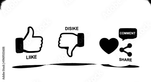 Social media icons set with like, dislike, comment, and share buttons in black featuring thumbs up, thumbs down, heart with online interaction and