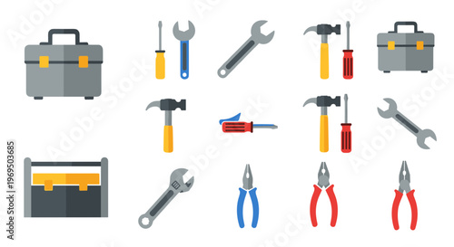 Vector toolbox icons, 16 tool set, wrench, pliers, screwdrivers, hammer, toolbox