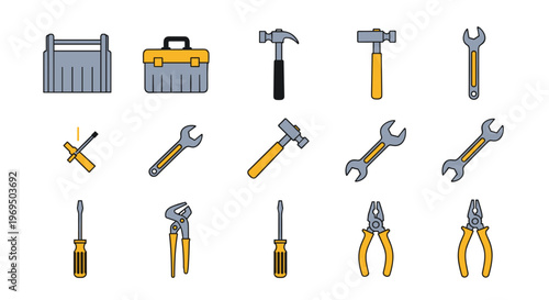 Yellow and gray tool icons, toolbox collection, hardware symbols, repair equipment set, 16 vector graphics