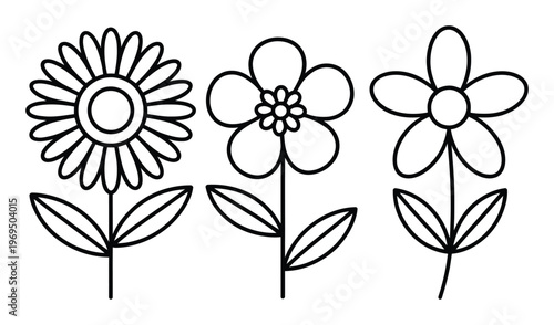 Three simple line flowers with stems and leaves on a white background