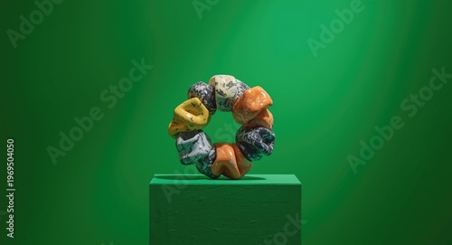 Abstract merchandise exhibited on pedestal in vibrant green surroundings