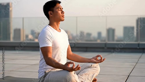 Peaceful Man Meditating on Urban Rooftop at Sunset
