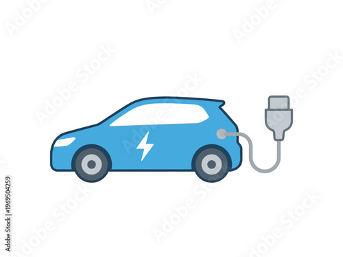 Modern flat vector icon of an electric car charging, symbolizing sustainable transportation, clean energy, and future mobility.