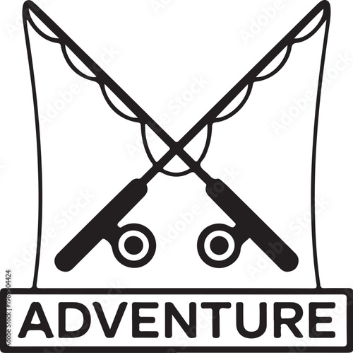 Crossed fishing rods with adventure text on white background vector graphic