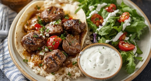 Savory grilled lamb gyros with rice and a crisp green salad served with creamy tzatziki dressing