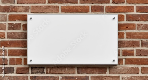 White rectangular signboard displaying neat font against rough brown brick background