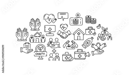 Charity and donation line icon collection in dynamic cluster layout with editable stroke for volunteering and social care themes