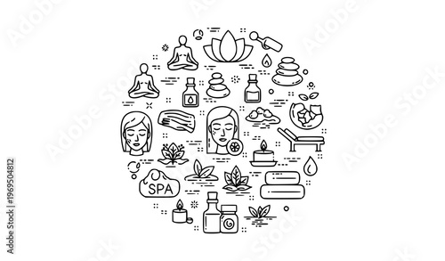 Wellness and spa line icons in radial layout with editable stroke for relaxation and beauty therapy concepts